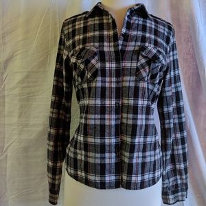 Red black and white plaid flannel.